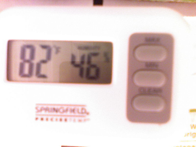 My girlfriend bought me this digital temperature / humidity monitor. She kicks ass! My garden basically hovers around 80 degrees give or take a few for night and day. And the humidity is pretty constant always in the 40% - 50% range. I think thats good for only having a fan and not really controlling the humidity at all. 