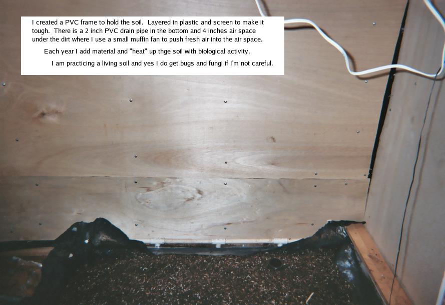 Here is the soil, bare wall and look close the PVC frame that holds the soil.
 I used PVC pipe,Window screen and plastic sheeting in layers to build the bath tub shape planter box.
 Remember I am refitting the Garden at this time for my first HID.
