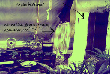 where the box fan is leads to a long passageway where the air is cleaned; the other 'door' leads to my bedroom, air intake comes in naturally through the secret door from my bedroom...this also helps insure that there will be no leakage of yummy pot smelling air into the household...since my bedroom/trick door is the main  air intake there can be no outflow - I made sure to seal everywhere else I felt air coming in, except for the ceiling intake which I expect to only use in the summer - so air basically comes in from my bedroom, goes out through the crawl space, and slowly leaks out of the roof on the south side of the house - no neighbors in that direction for 300 feet, and we know those ones well so no big deal anyways....